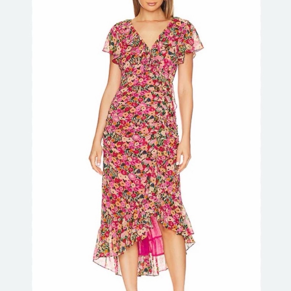 Astr Revolve midi pink floral ruffle dress